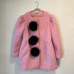 Lola and the Boys size 10 pink wool coat with black poofs